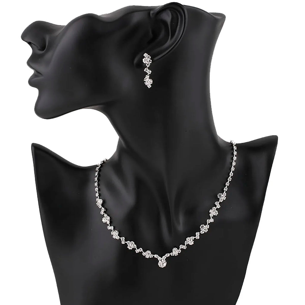 TREAZY Simple Silver Plated Rhinestone Crystal Choker Necklace Earrings Set Wedding Bridal Bridesmaid African Jewelry Sets