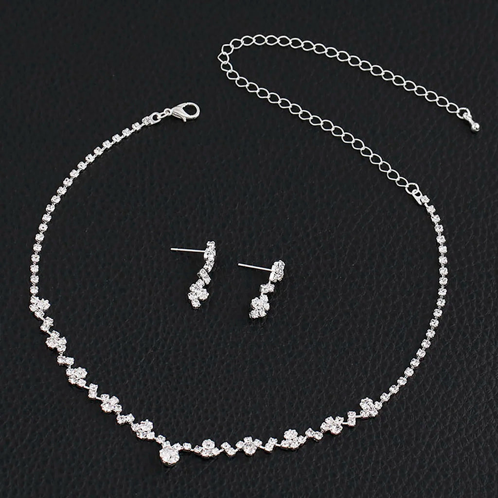 TREAZY Simple Silver Plated Rhinestone Crystal Choker Necklace Earrings Set Wedding Bridal Bridesmaid African Jewelry Sets