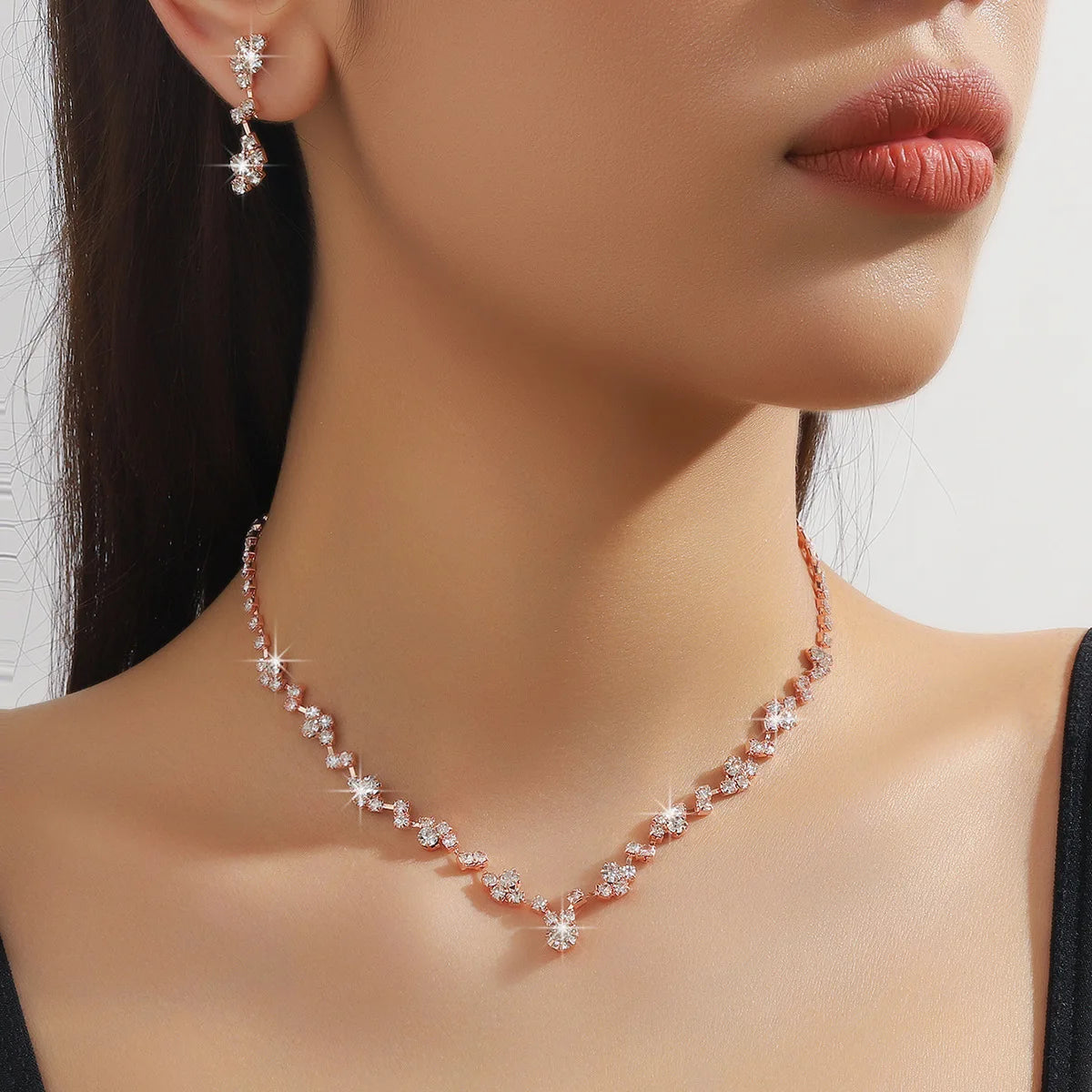 TREAZY Simple Silver Plated Rhinestone Crystal Choker Necklace Earrings Set Wedding Bridal Bridesmaid African Jewelry Sets