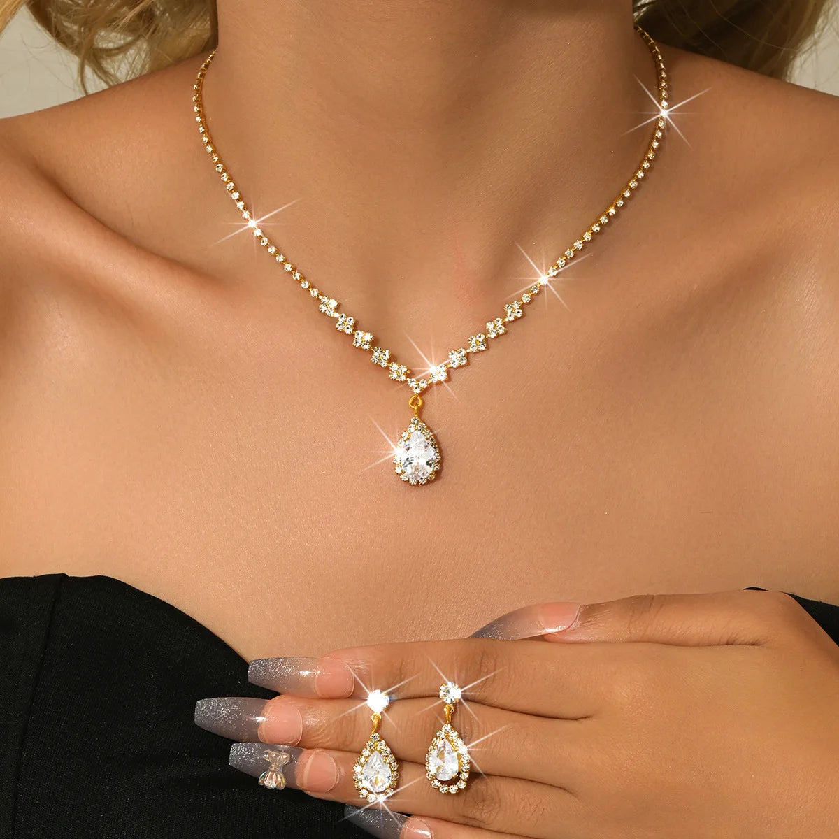 TREAZY Simple Silver Plated Rhinestone Crystal Choker Necklace Earrings Set Wedding Bridal Bridesmaid African Jewelry Sets