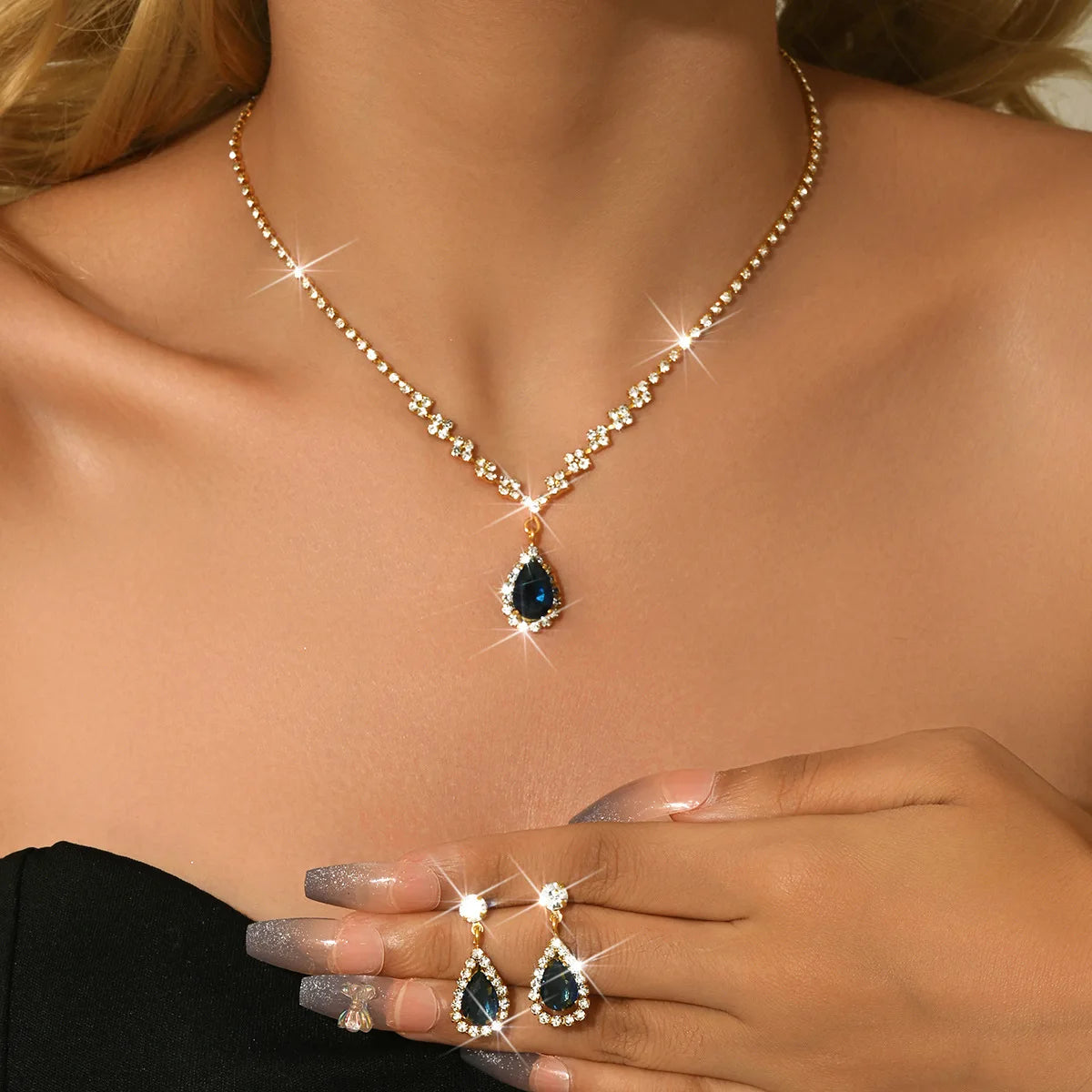 TREAZY Simple Silver Plated Rhinestone Crystal Choker Necklace Earrings Set Wedding Bridal Bridesmaid African Jewelry Sets