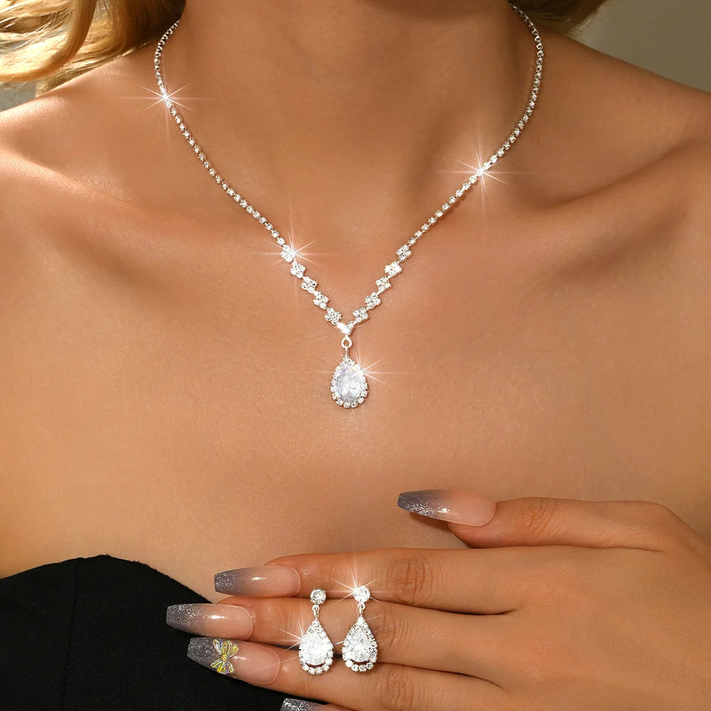TREAZY Simple Silver Plated Rhinestone Crystal Choker Necklace Earrings Set Wedding Bridal Bridesmaid African Jewelry Sets