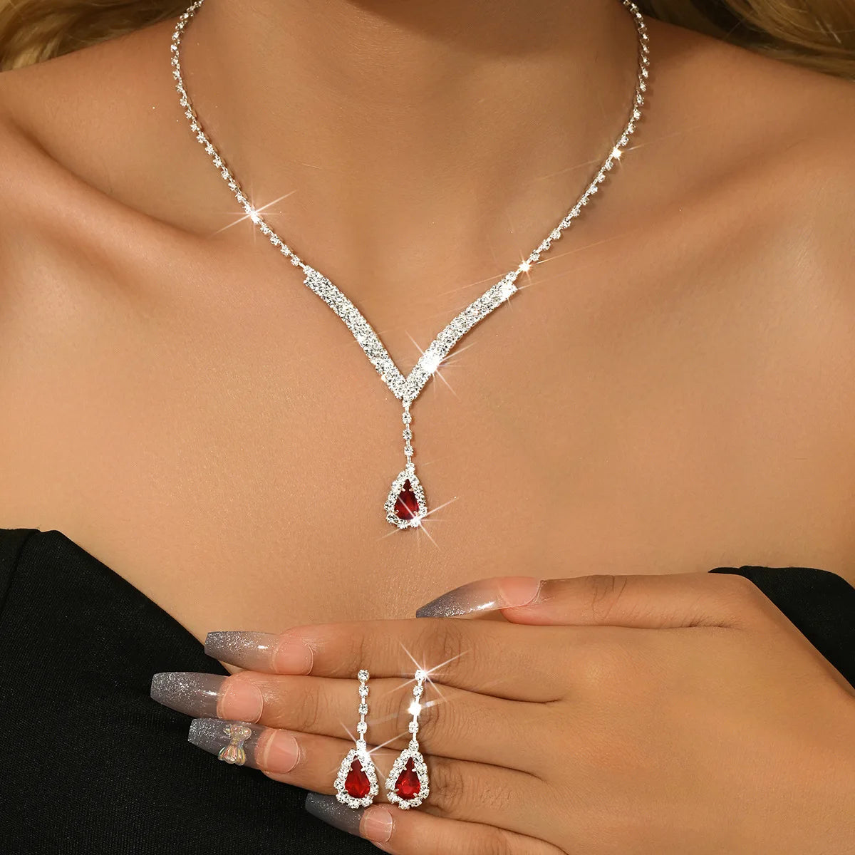 TREAZY Simple Silver Plated Rhinestone Crystal Choker Necklace Earrings Set Wedding Bridal Bridesmaid African Jewelry Sets