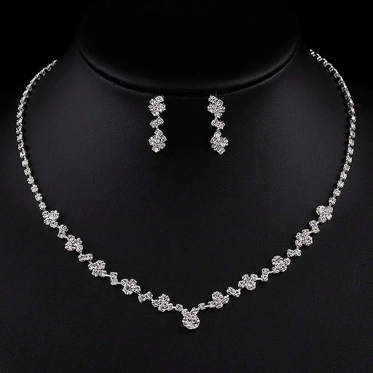 TREAZY Simple Silver Plated Rhinestone Crystal Choker Necklace Earrings Set Wedding Bridal Bridesmaid African Jewelry Sets