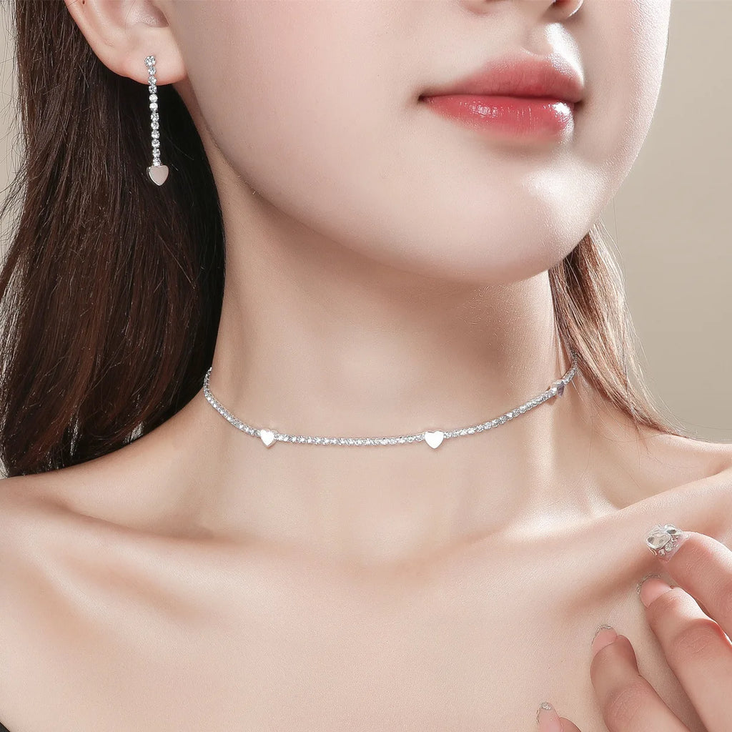 TREAZY Simple Silver Plated Rhinestone Crystal Choker Necklace Earrings Set Wedding Bridal Bridesmaid African Jewelry Sets