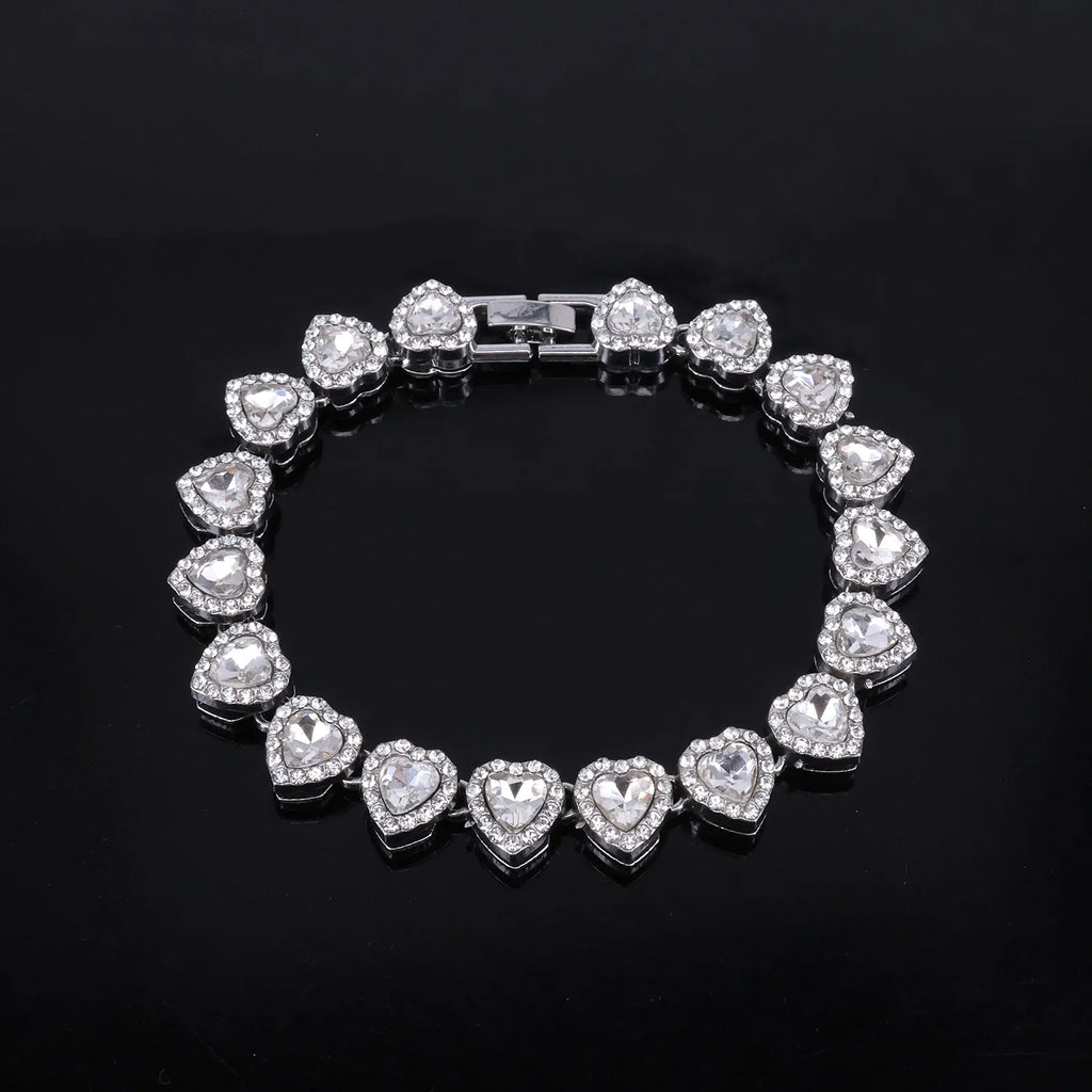 ZAKOL 45CM New Hip Hop Tennis Chain Bracelet Necklace Shiny Heart Rhinestone CZ Fashion Rock Party Jewelry Set