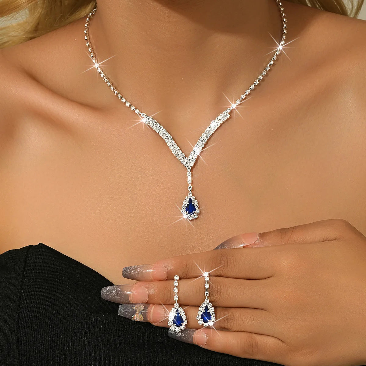 TREAZY Simple Silver Plated Rhinestone Crystal Choker Necklace Earrings Set Wedding Bridal Bridesmaid African Jewelry Sets