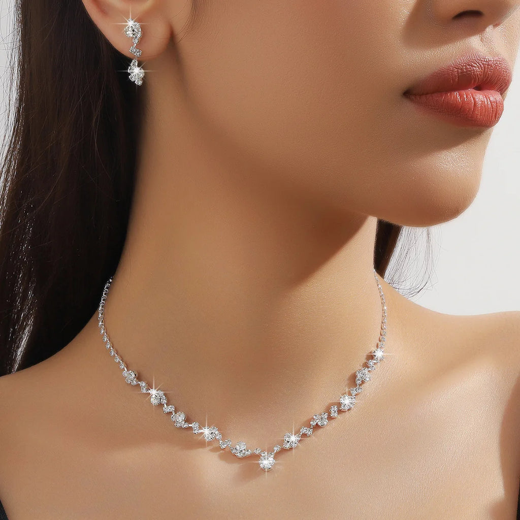 TREAZY Simple Silver Plated Rhinestone Crystal Choker Necklace Earrings Set Wedding Bridal Bridesmaid African Jewelry Sets