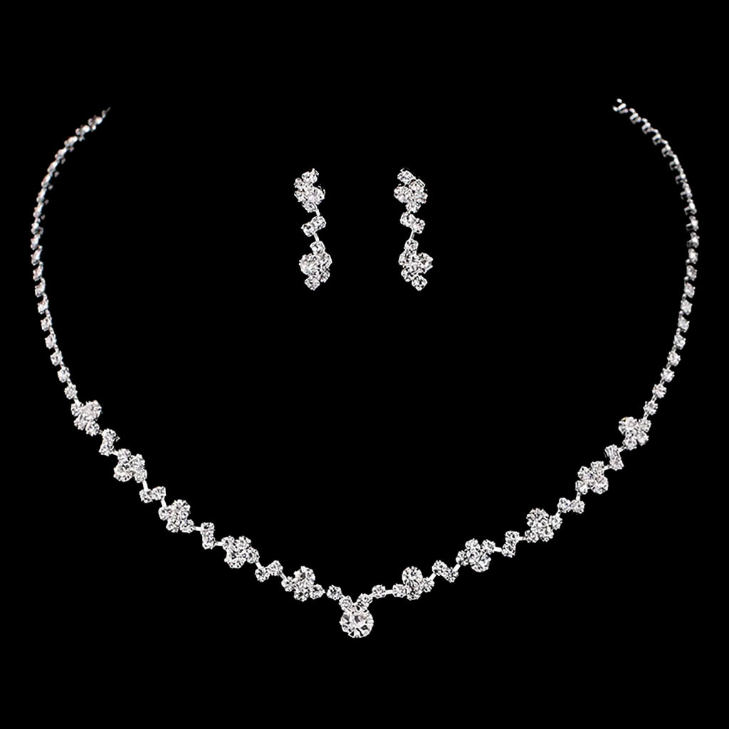 TREAZY Simple Silver Plated Rhinestone Crystal Choker Necklace Earrings Set Wedding Bridal Bridesmaid African Jewelry Sets