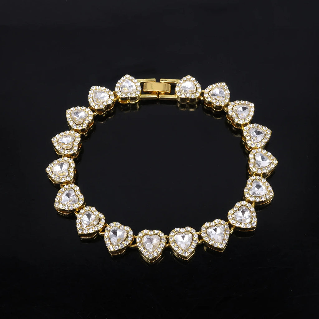 ZAKOL 45CM New Hip Hop Tennis Chain Bracelet Necklace Shiny Heart Rhinestone CZ Fashion Rock Party Jewelry Set