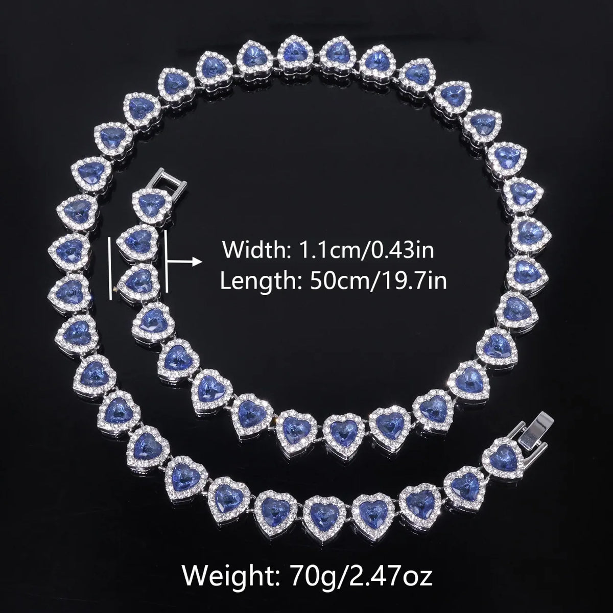ZAKOL 45CM New Hip Hop Tennis Chain Bracelet Necklace Shiny Heart Rhinestone CZ Fashion Rock Party Jewelry Set