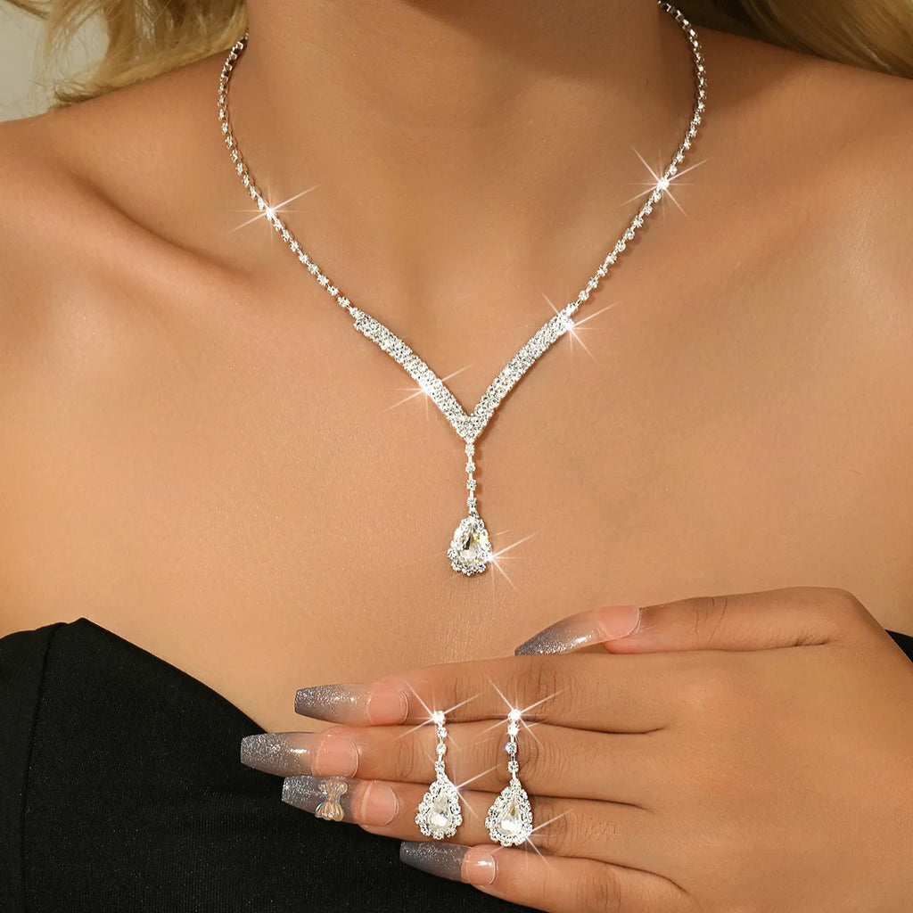 TREAZY Simple Silver Plated Rhinestone Crystal Choker Necklace Earrings Set Wedding Bridal Bridesmaid African Jewelry Sets