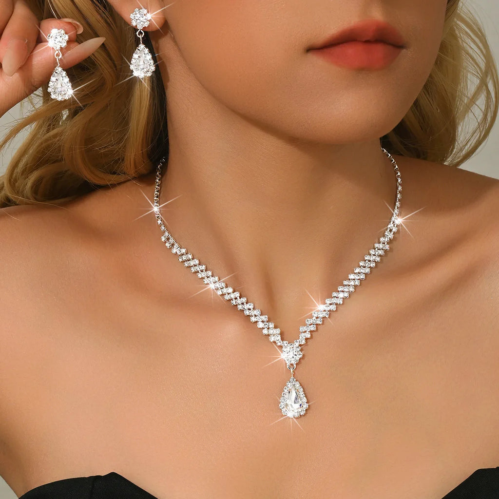 TREAZY Simple Silver Plated Rhinestone Crystal Choker Necklace Earrings Set Wedding Bridal Bridesmaid African Jewelry Sets