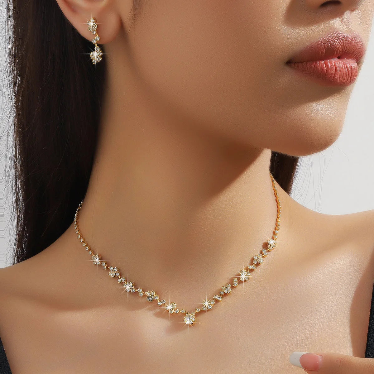 TREAZY Simple Silver Plated Rhinestone Crystal Choker Necklace Earrings Set Wedding Bridal Bridesmaid African Jewelry Sets
