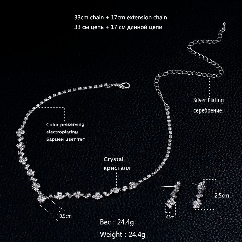 TREAZY Simple Silver Plated Rhinestone Crystal Choker Necklace Earrings Set Wedding Bridal Bridesmaid African Jewelry Sets