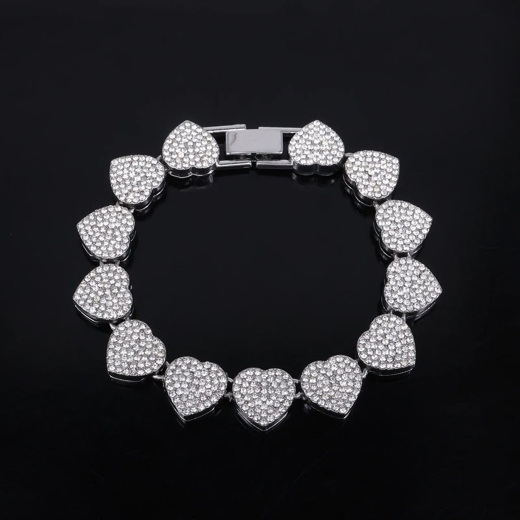 ZAKOL 45CM New Hip Hop Tennis Chain Bracelet Necklace Shiny Heart Rhinestone CZ Fashion Rock Party Jewelry Set